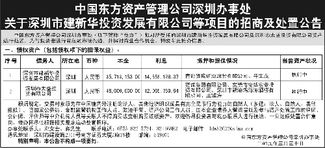 中国东方资产深圳办事处发布建新华投资等项目招商及处置公告